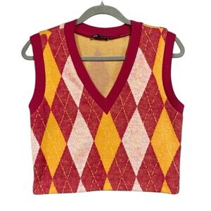 Zara Argyle V Neck Knit Sweater Vest Size S Crop Academia